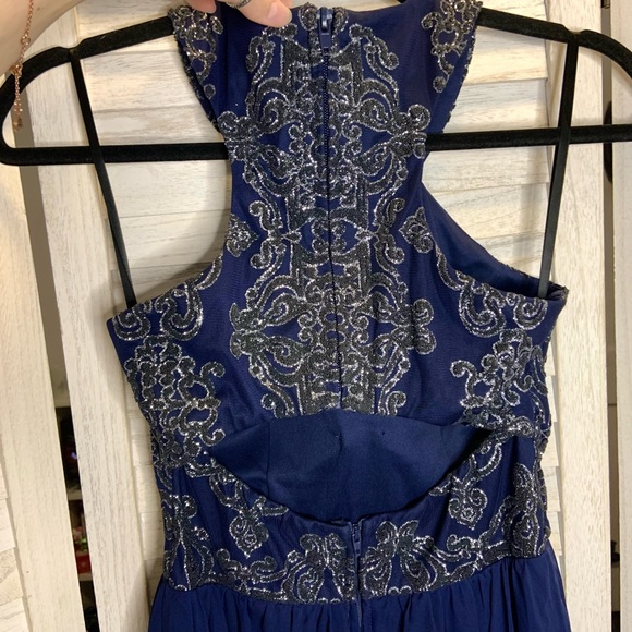 Xtraordinary Royal Blue Sparkly Beaded Filigree Halter Sheer High Low Prom Dress - Picture 8 of 11